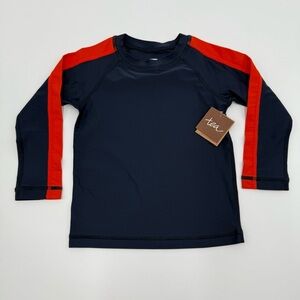 NWT Tea Collection Boys Kids Swim Rash Guard Shirt - Navy & Red Orange Size 2
